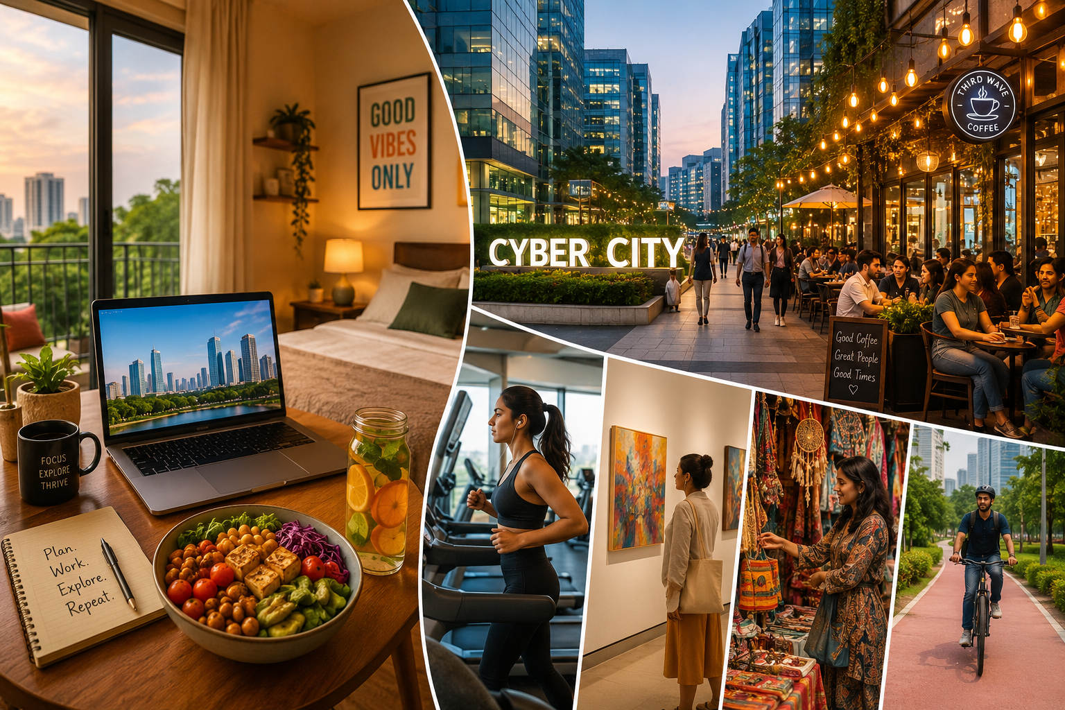 A vibrant landscape image () illustrating the seamless blend of local experiences with a hybrid work setup in Gurgaon. One