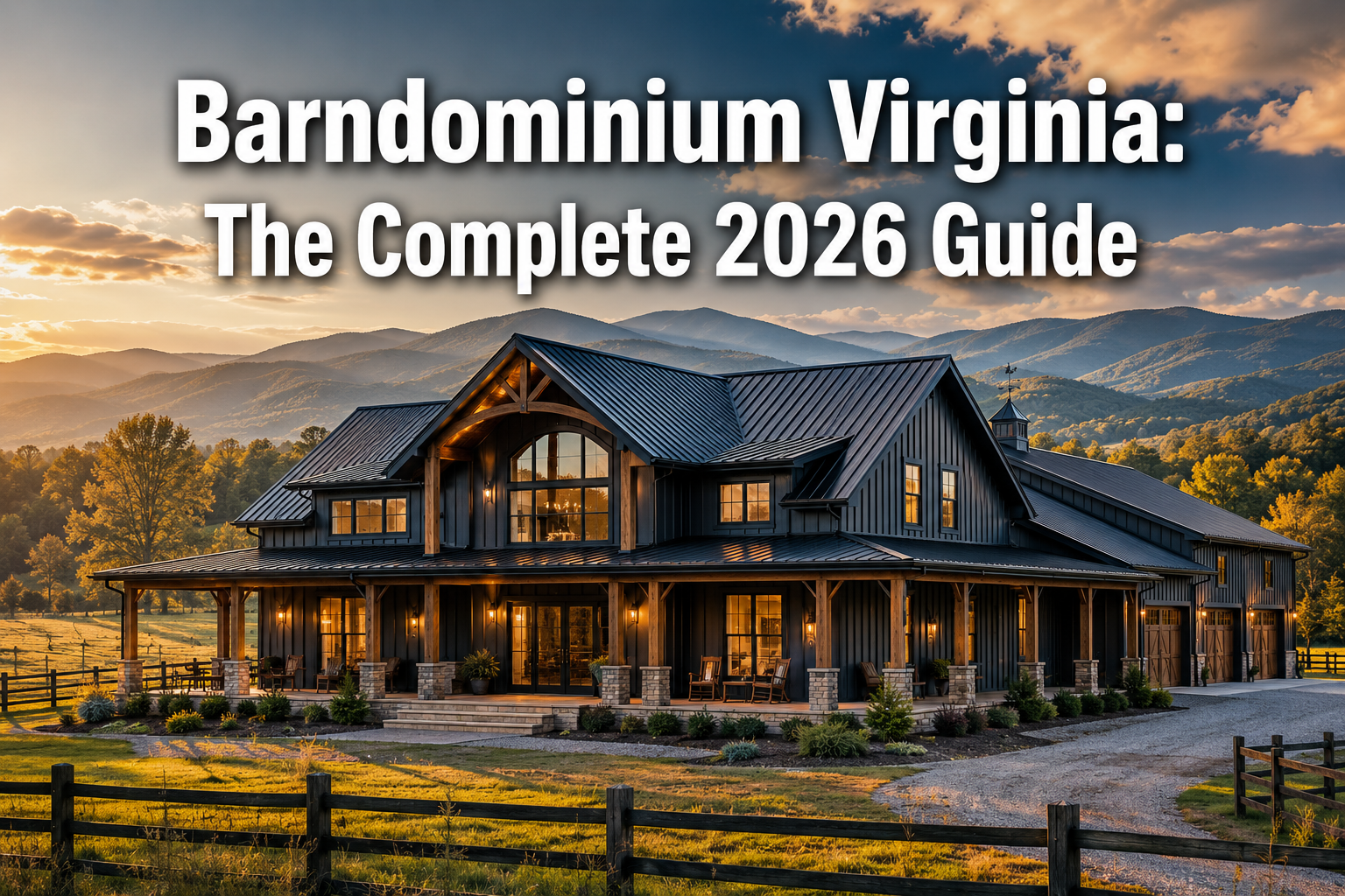 Professional () hero image with : 'Barndominium Virginia: The Complete 2026 Guide' in extra large white with dark drop ,