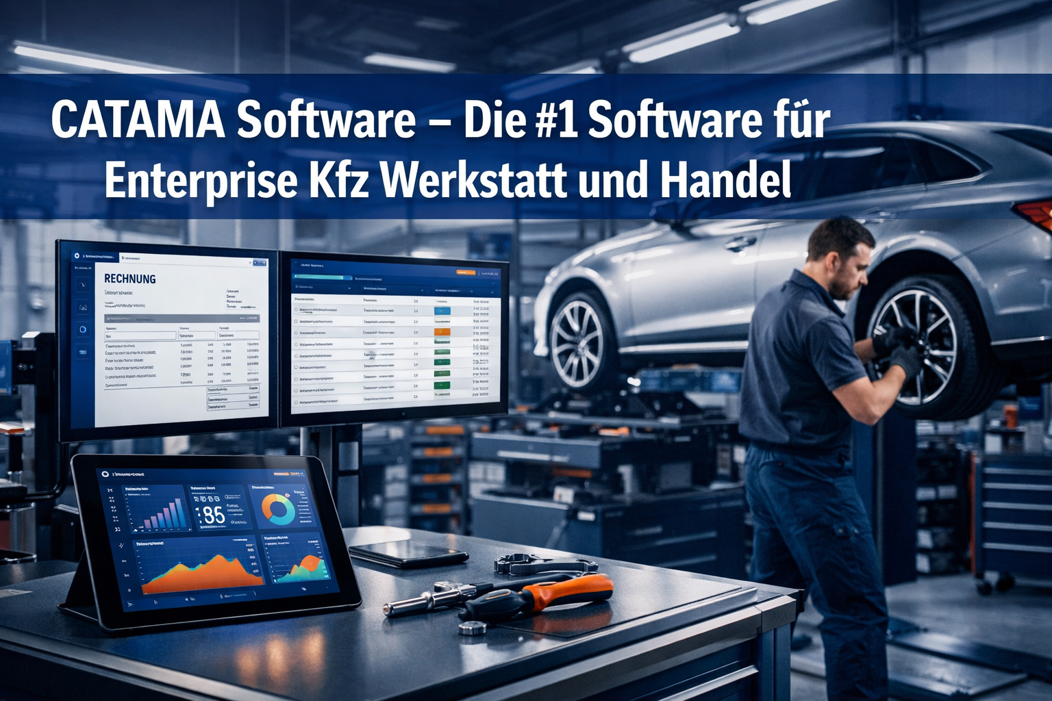 Professional landscape format (1536x1024) hero image featuring bold text overlay 'CATAMA Software - Die #1 Software für Enterprise Kfz Werks