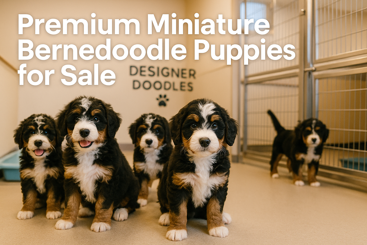 Professional landscape hero image (1536x1024) featuring bold text overlay 'Premium Miniature Bernedoodle Puppies for Sale' in extra large 72