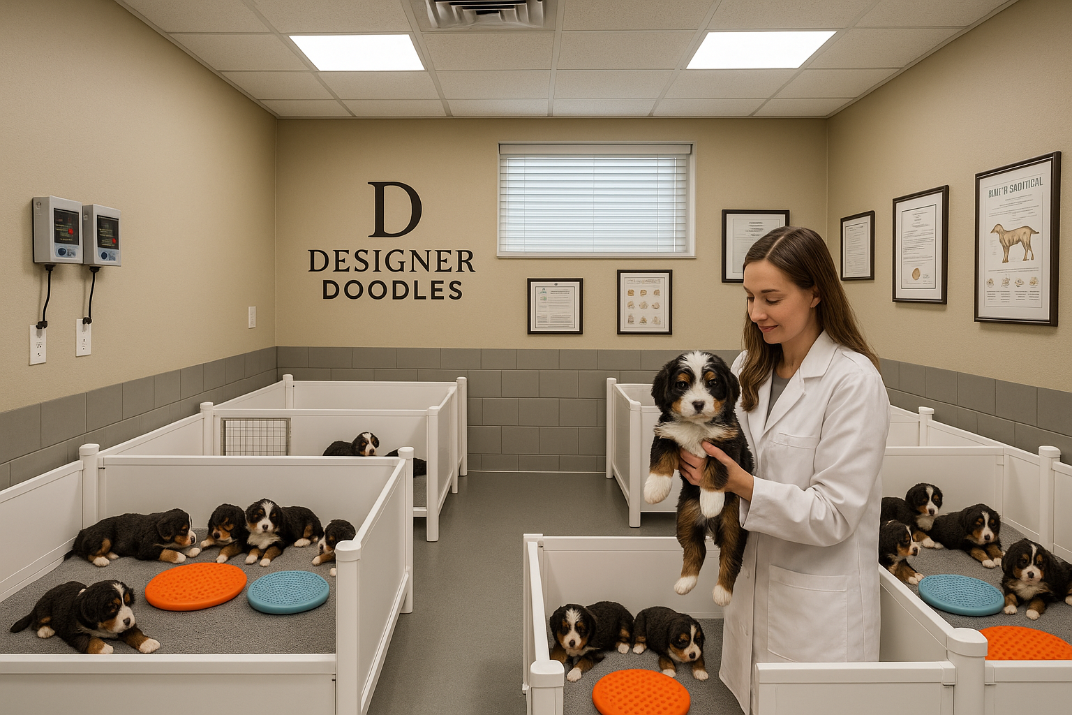 Professional breeding facility interior showing miniature Bernedoodle puppies in clean whelping boxes with temperature controls, ENS trainin