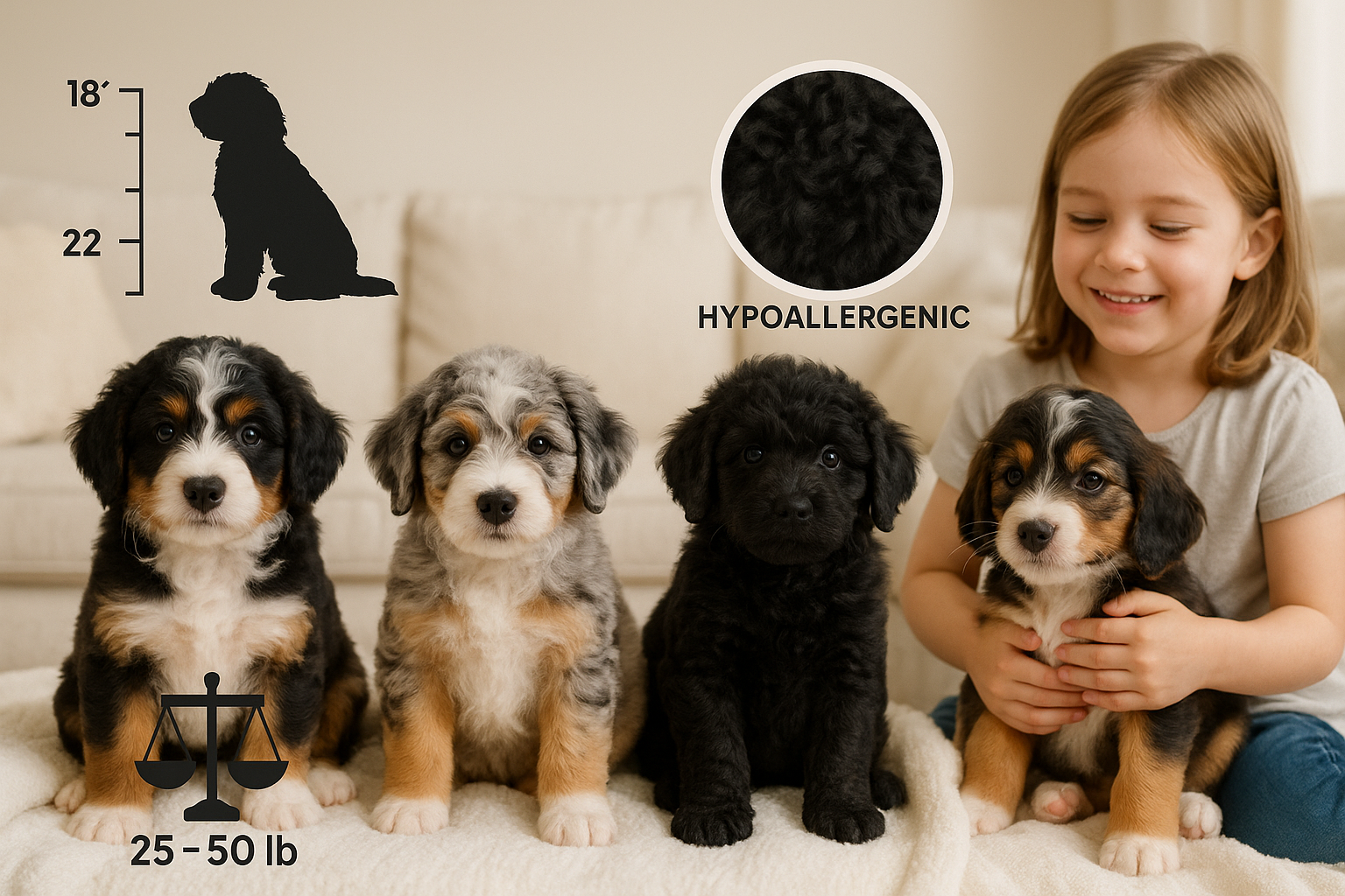 Adorable miniature Bernedoodle puppies at various ages from 8-12 weeks old displaying different coat colors including tri-color, merle, and 