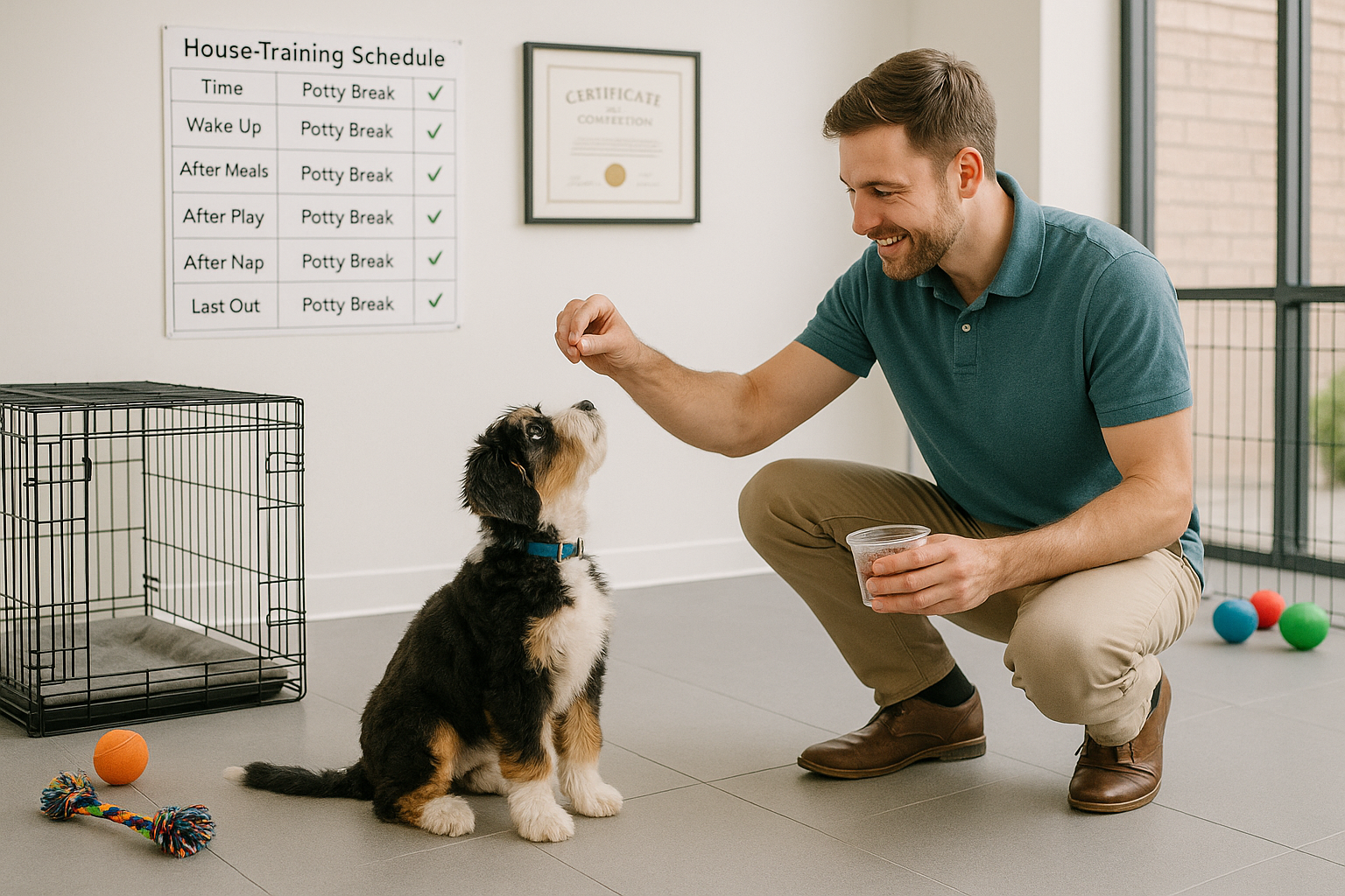 Professional dog trainer working with miniature Bernedoodle puppy on basic commands in modern training facility, crate training setup visibl