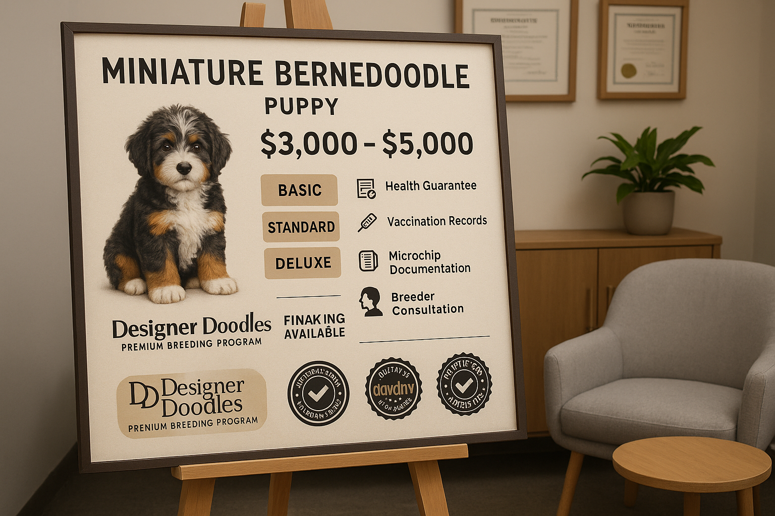 Pricing display board showing miniature Bernedoodle puppy costs from $3,000 to $5,000 with different package options, health guarantee certi