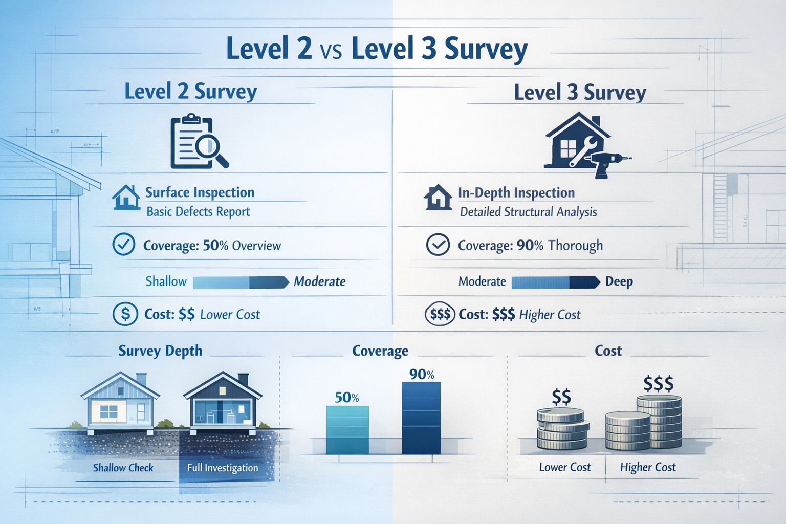 Infographic visualizing key takeaways of Level 2 v Level 3 Survey comparison, featuring split-screen design with professional architectural 