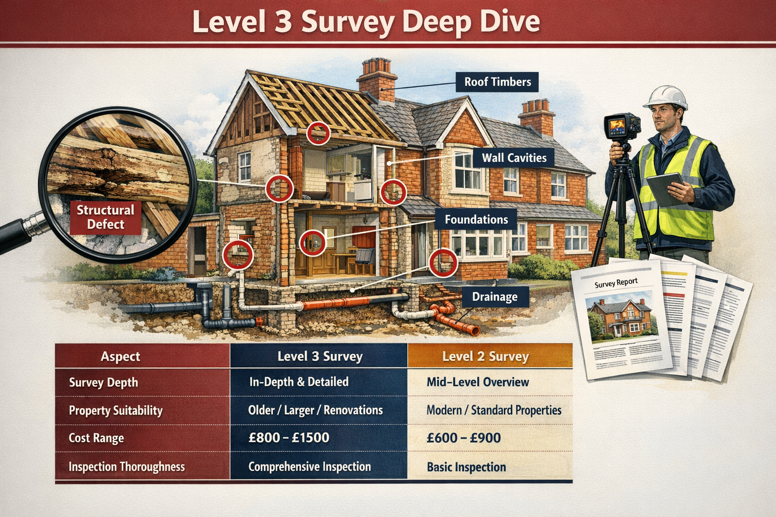Comprehensive visual comparison chart in landscape format (1536x1024) showing Level 3 Building Survey characteristics versus Level 2. Featur