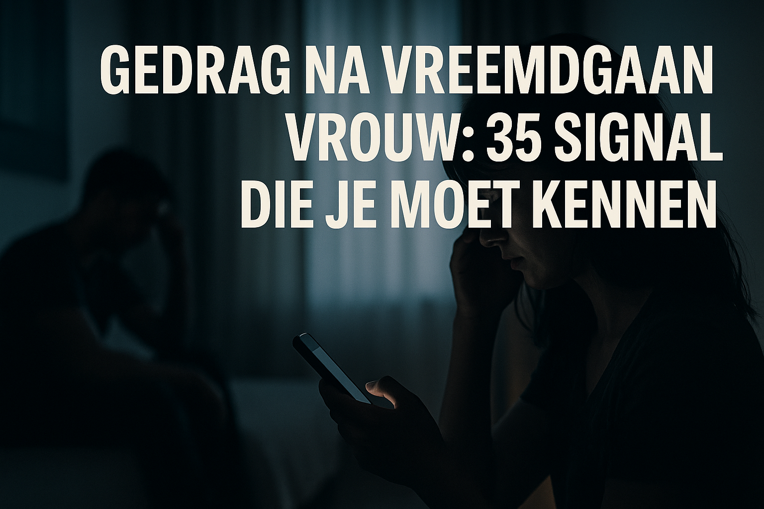 Professional landscape hero image (1536x1024) featuring bold text overlay 'Gedrag na Vreemdgaan Vrouw: 35 Signalen die Je Moet Kennen' in ex