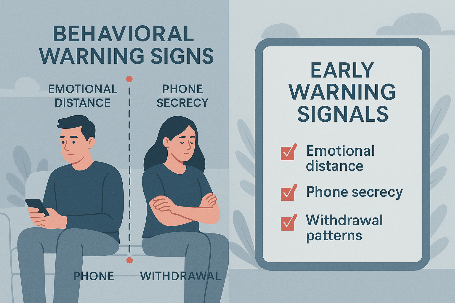 Detailed infographic-style landscape image (1536x1024) showing behavioral warning signs with visual icons representing emotional distance, p