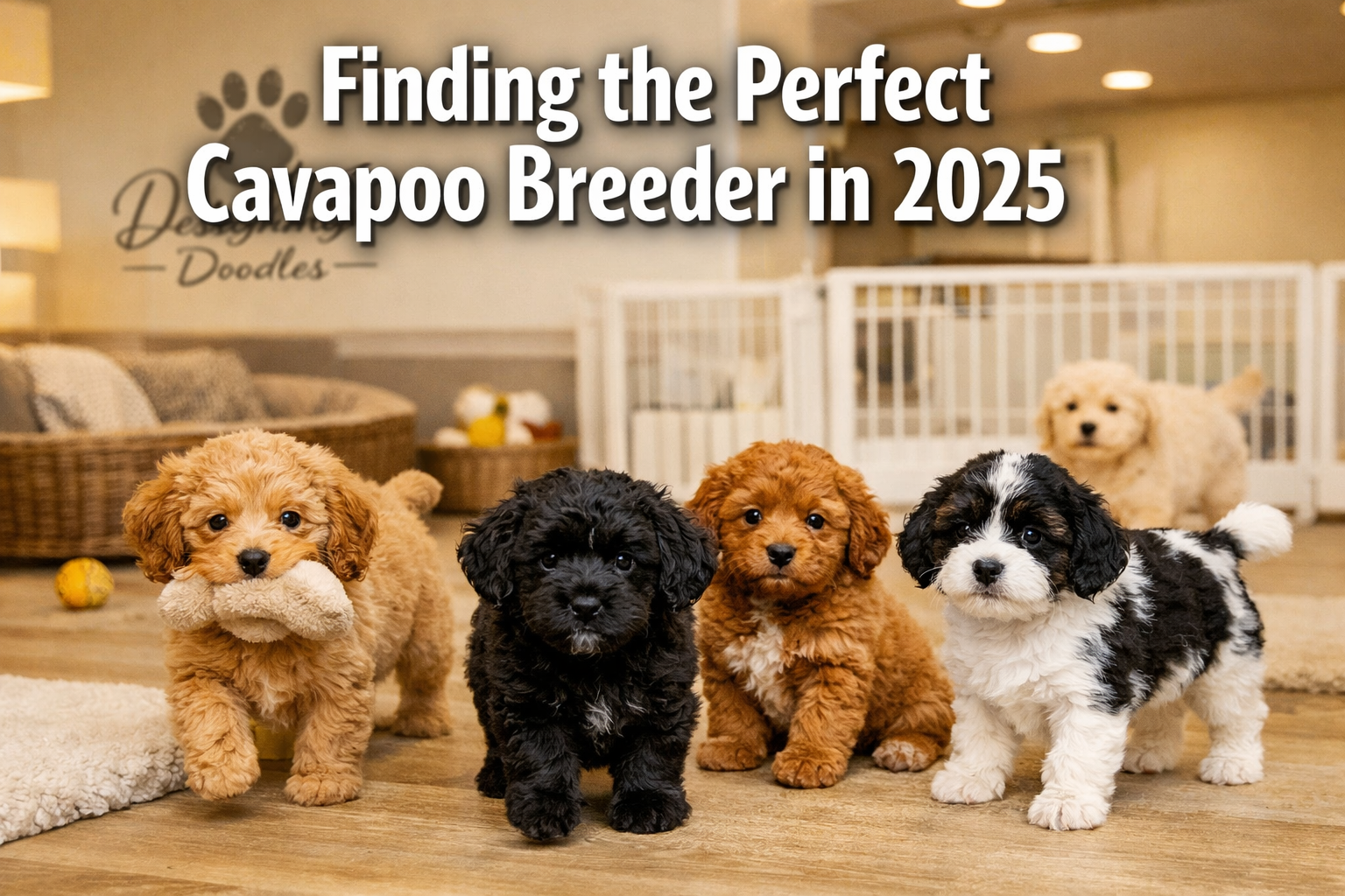 Professional landscape hero image (1536x1024) featuring bold text overlay 'Finding the Perfect Cavapoo Breeder in 2025' in extra large 72pt