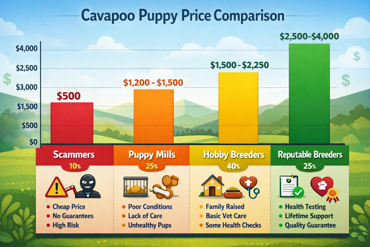 Comprehensive landscape infographic image (1536x1024) displaying price comparison chart for Cavapoo puppies across different breeder types.