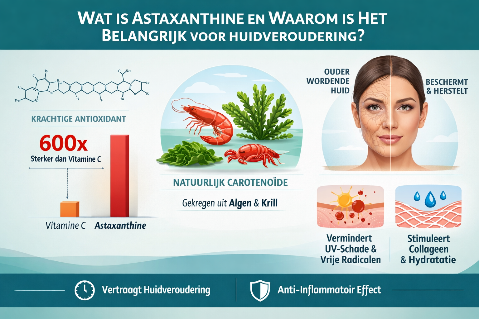Professional landscape infographic (1536x1024) for article "Astaxanthine Huidveroudering: De Natuurlijke Bescherming Voor Een Jongere Huid",
