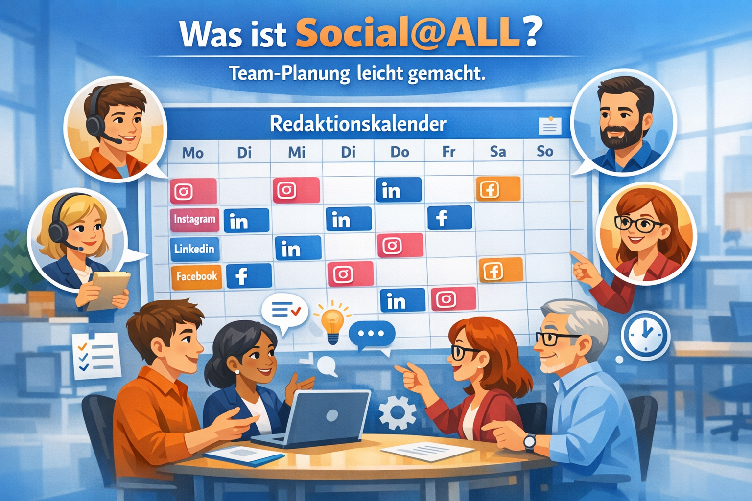 Querformat () Infografik-Illustration: Ein digitaler Redaktionskalender mit farbcodierten Beiträgen für Instagram, LinkedIn