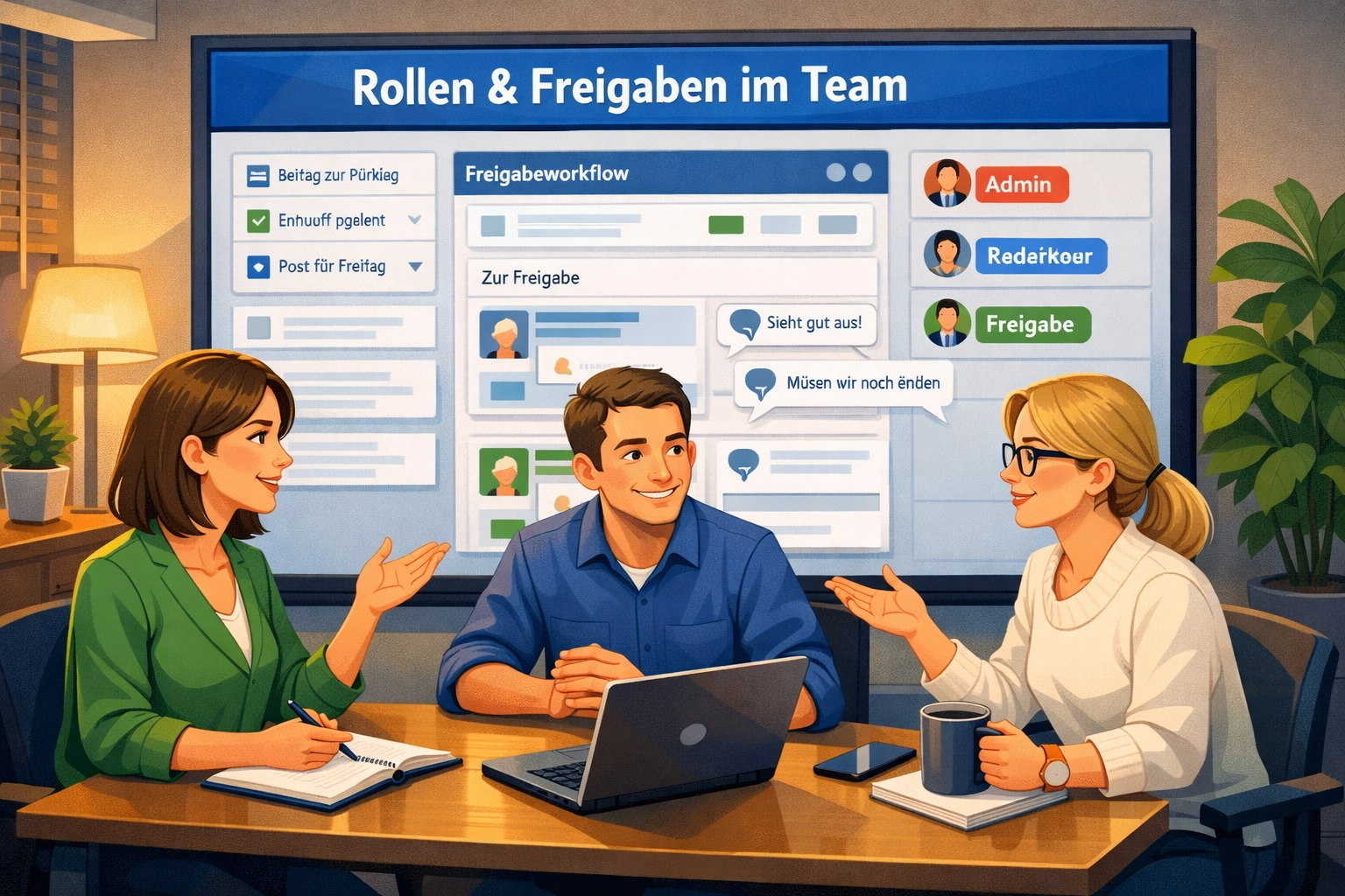 Querformat () Konzeptillustration: Drei Personen an einem Tisch diskutieren Social-Media-Strategie, ein großer Bildschirm