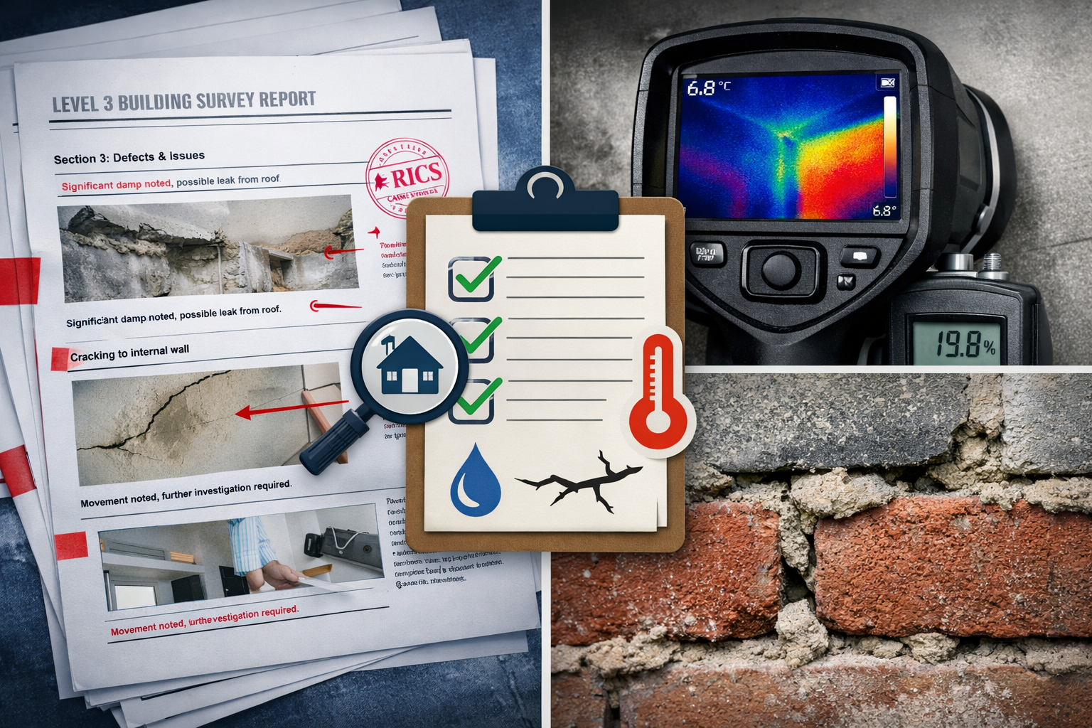 () editorial image showing close-up split-screen comparison: left side displays RICS Level 3 Building Survey report pages
