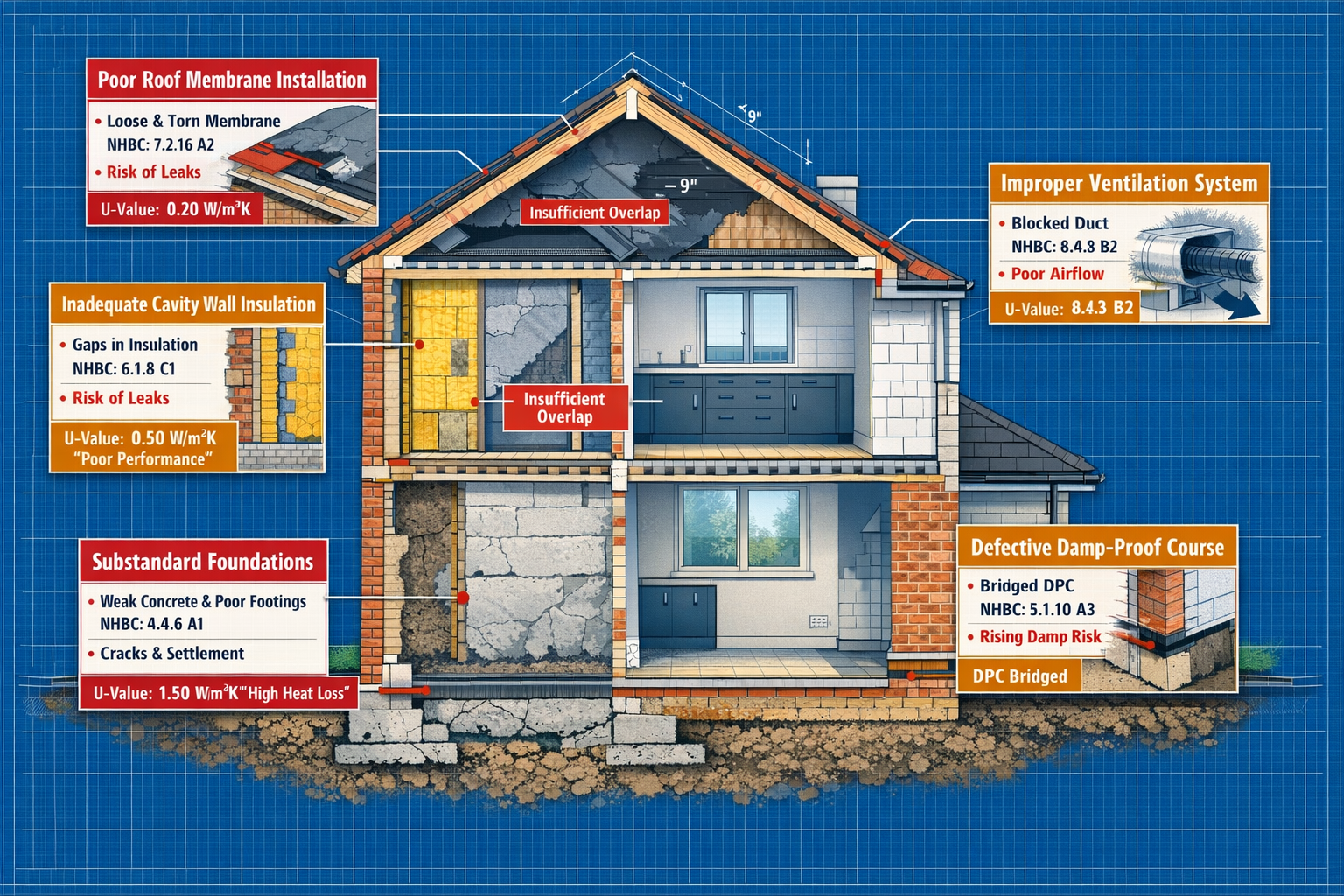 () detailed technical illustration showing cross-section cutaway view of modern new-build home revealing common hidden