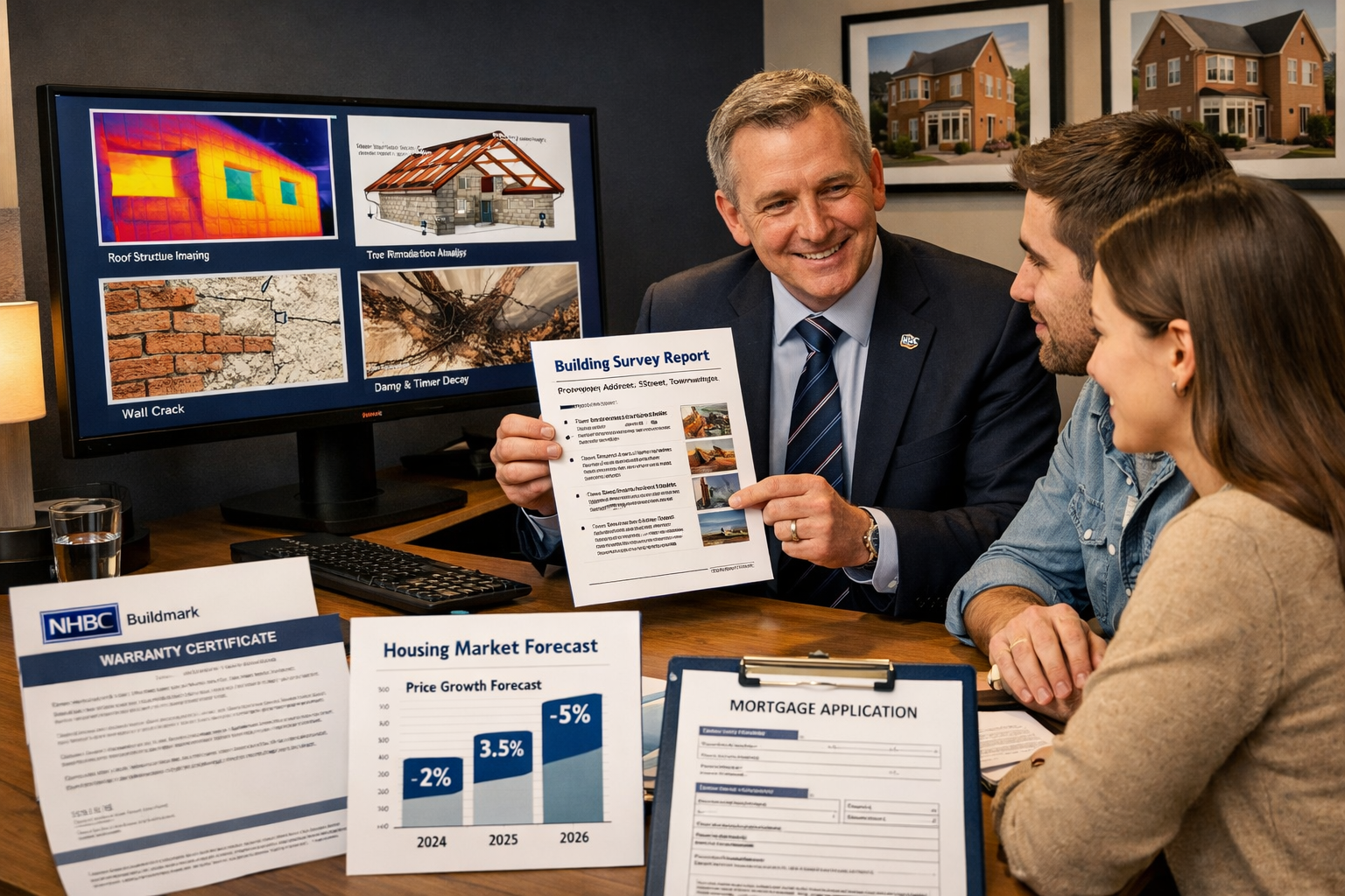 () professional scene showing property transaction consultation: RICS chartered surveyor presenting comprehensive building