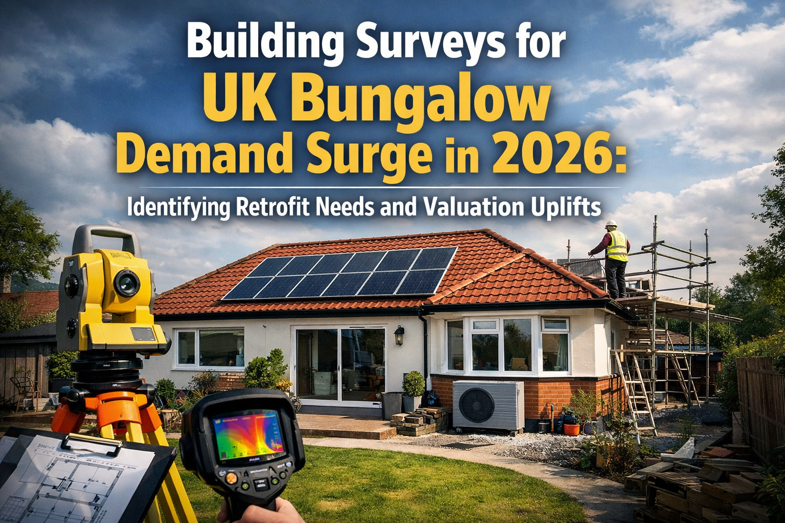 Professional landscape hero image (1536x1024) with bold text overlay: "Building Surveys for UK Bungalow Demand Surge in 2026: Identifying Re