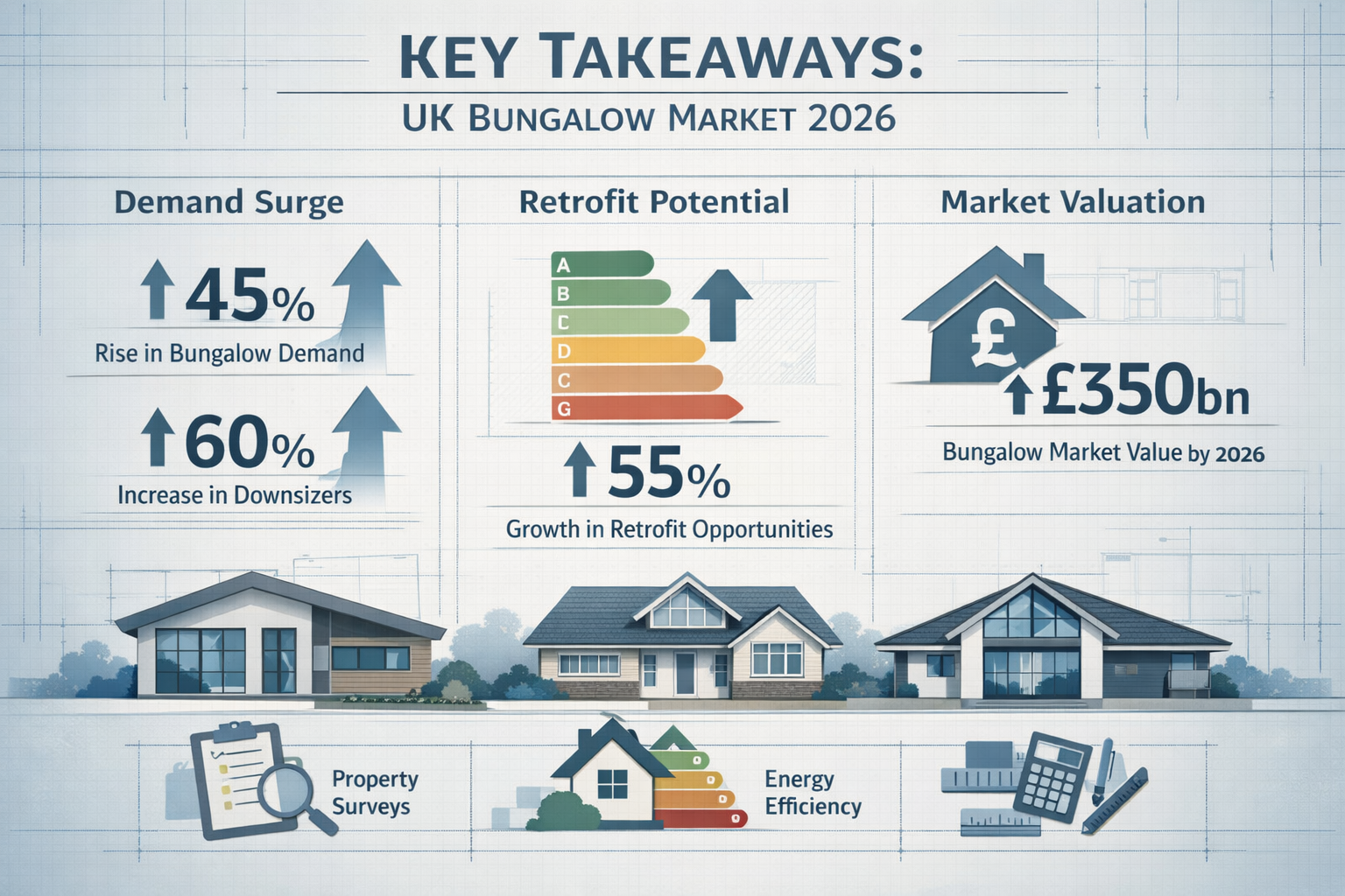 Comprehensive editorial infographic showcasing 'Key Takeaways' for UK Bungalow Market 2026, featuring data visualization with rising arrow g