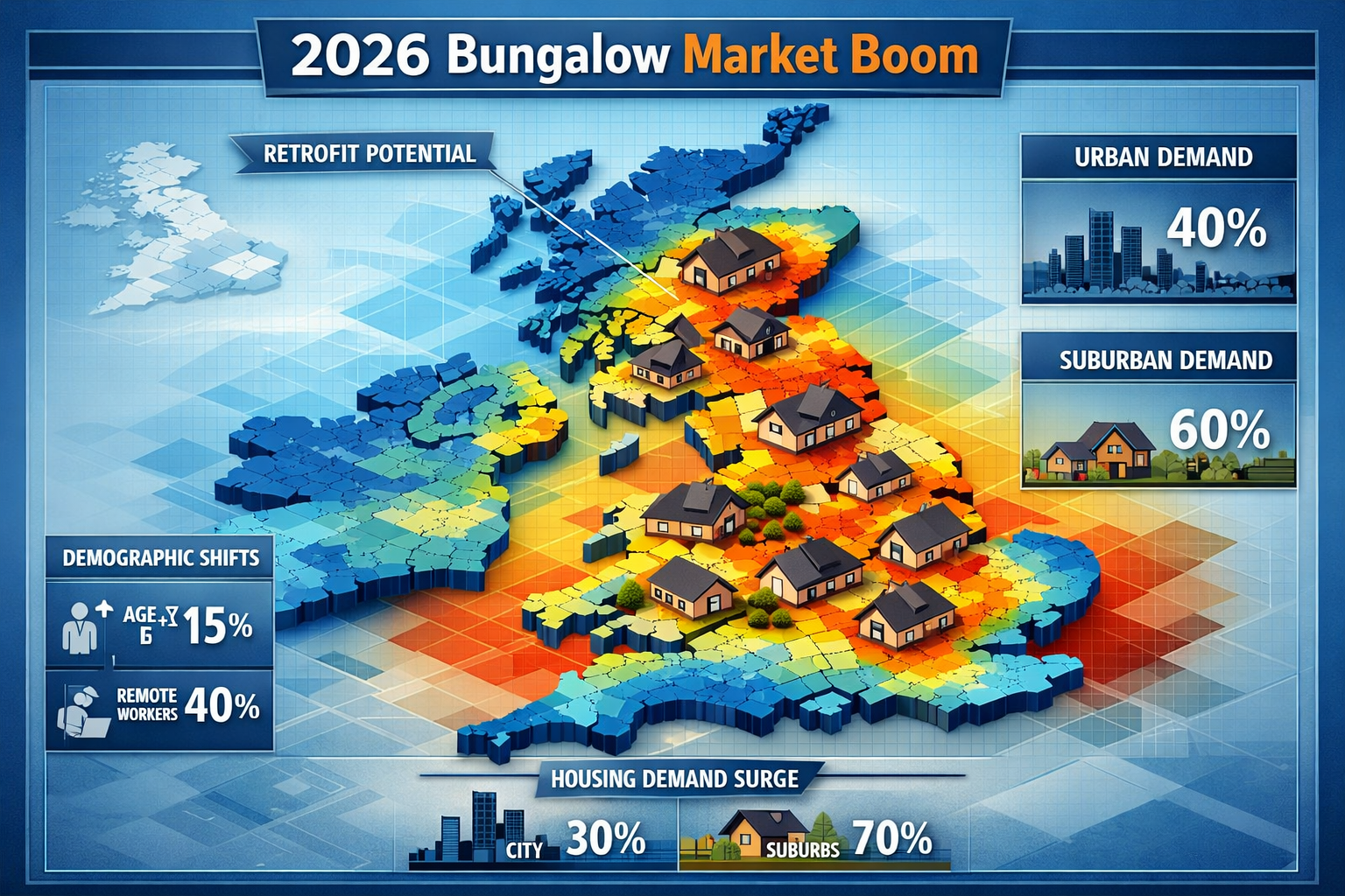 Dynamic market landscape visualization illustrating '2026 Bungalow Market Boom' with isometric UK map showing regional demand hotspots, heat