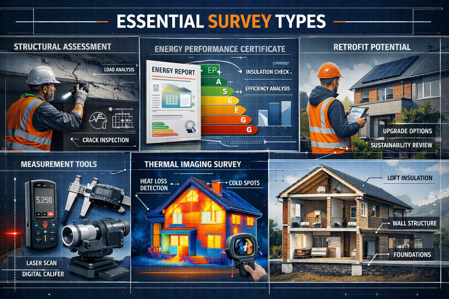 Technical building survey composition for 'Essential Survey Types', featuring split-screen graphic showing different survey methodologies: s