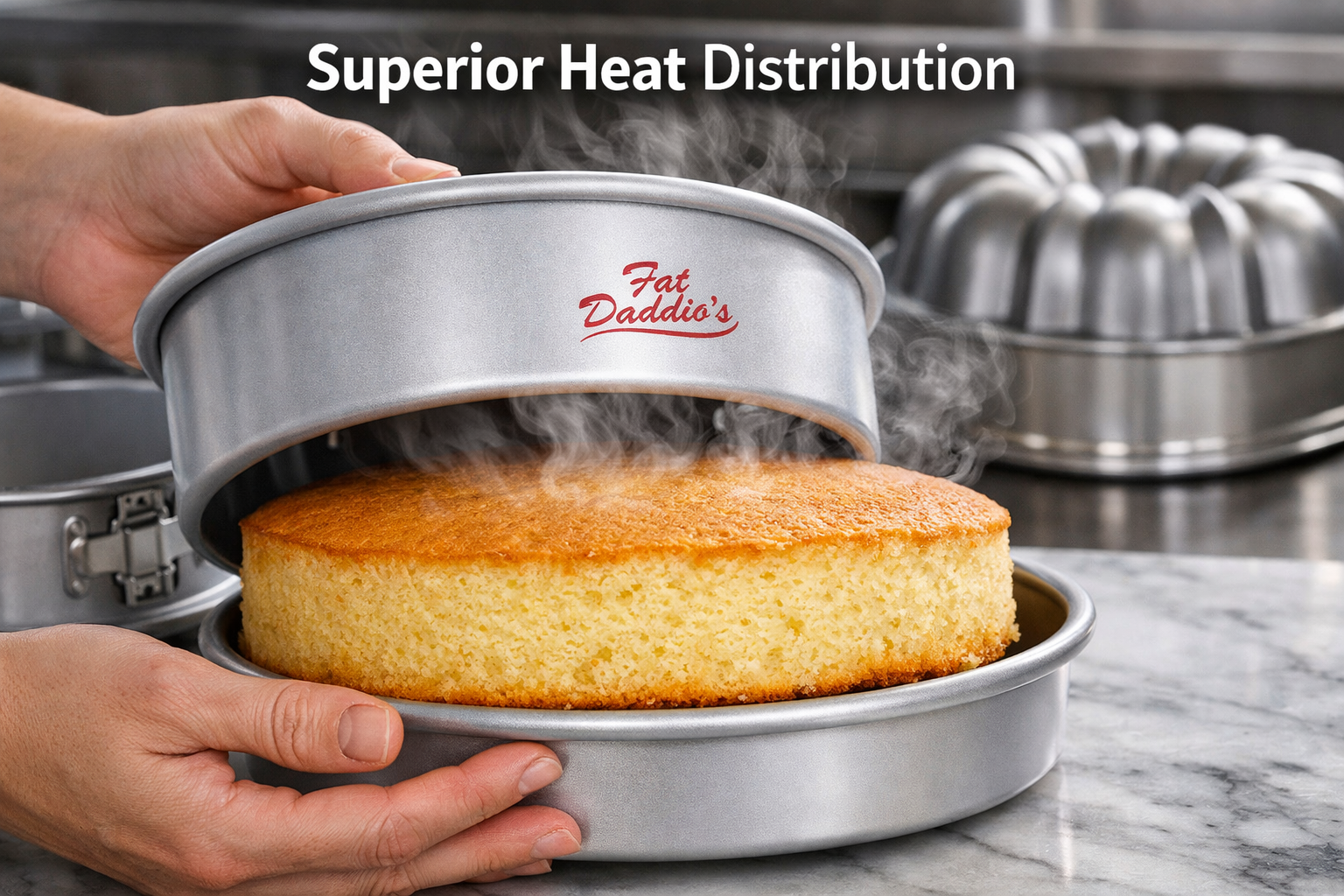 Detailed editorial photograph (1536x1024) showing close-up of Fat Daddio's anodized aluminum round cake pan with perfect golden cake being r