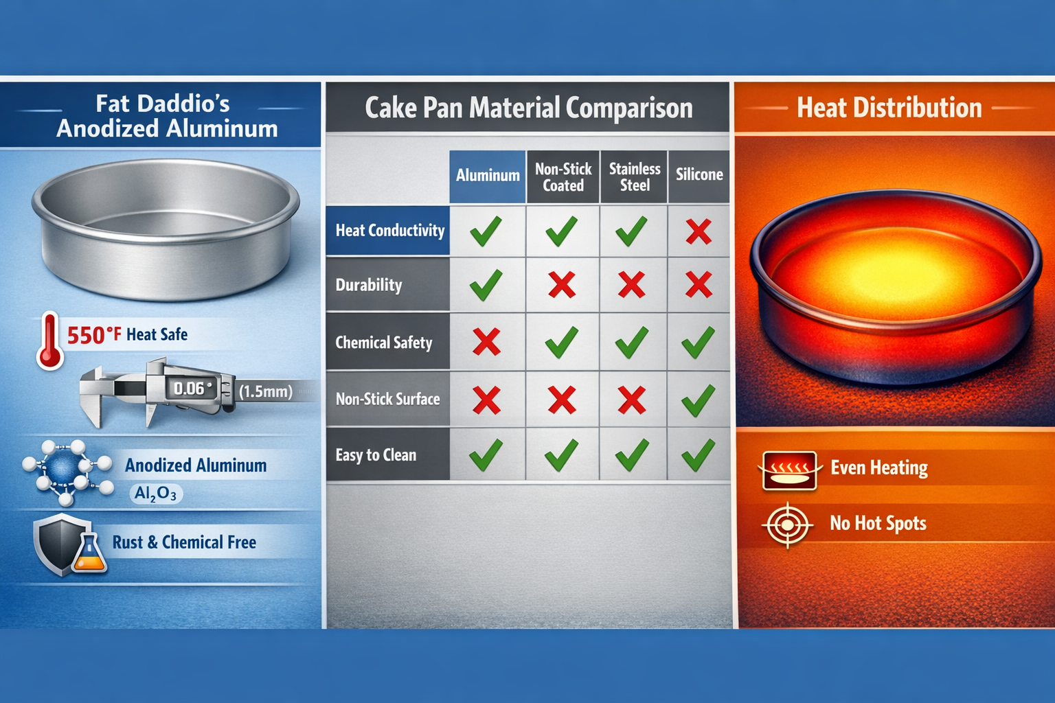 Professional infographic-style landscape image (1536x1024) comparing cake pan materials side-by-side. Left section shows Fat Daddio's 16-gau