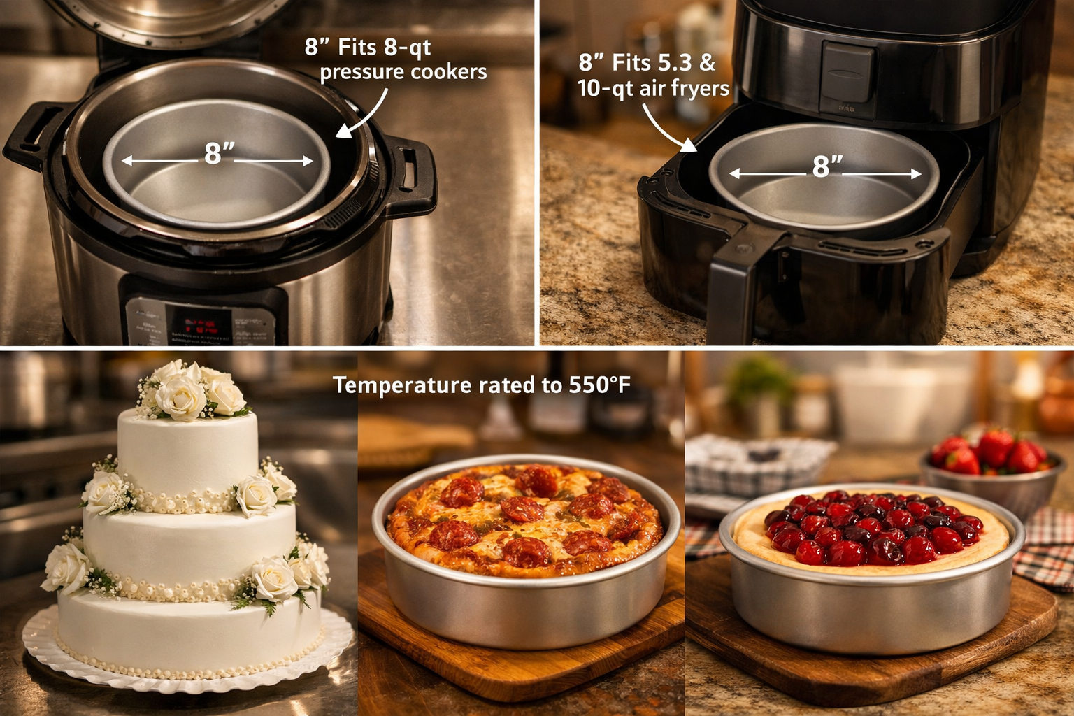 Lifestyle editorial photograph (1536x1024) showing Fat Daddio's cake pans in multiple real-world applications. Top half displays 8-inch roun