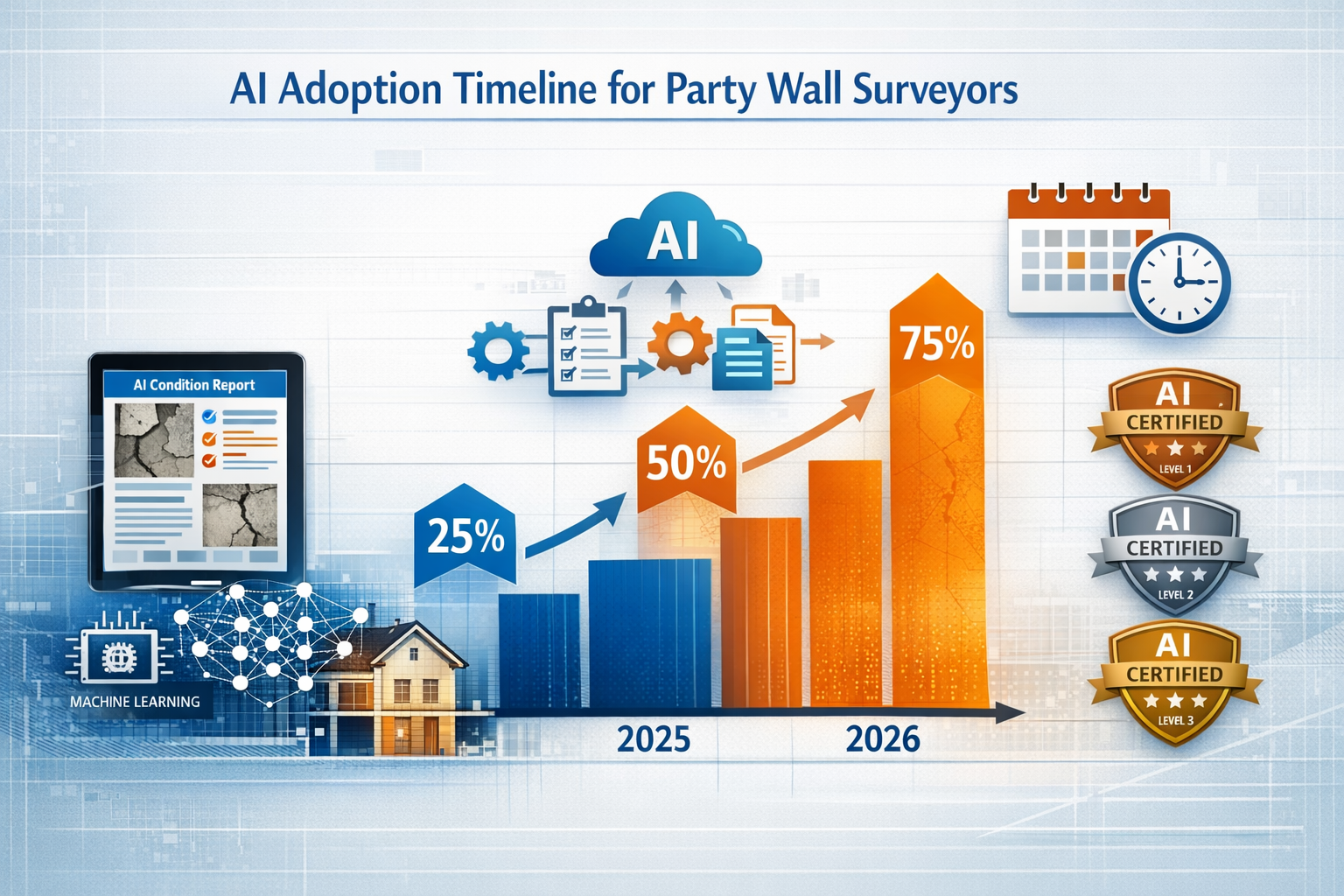 () detailed infographic showing AI technology adoption timeline for party wall surveyors from 2024 to 2026, featuring