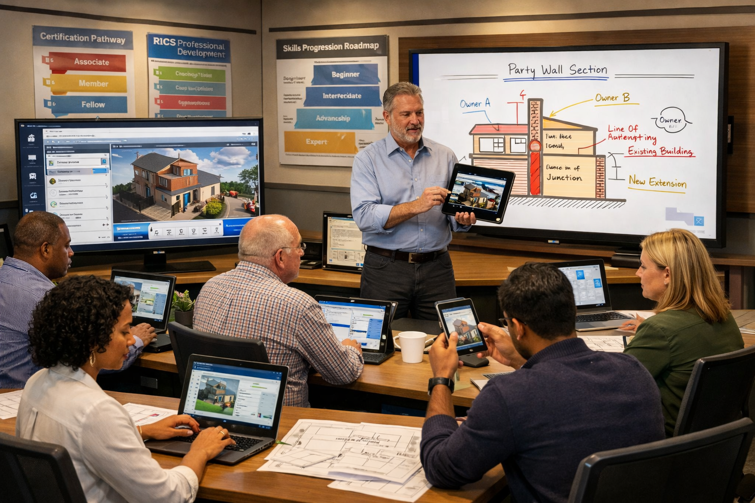 () professional training environment scene showing diverse group of party wall surveyors in modern classroom setting