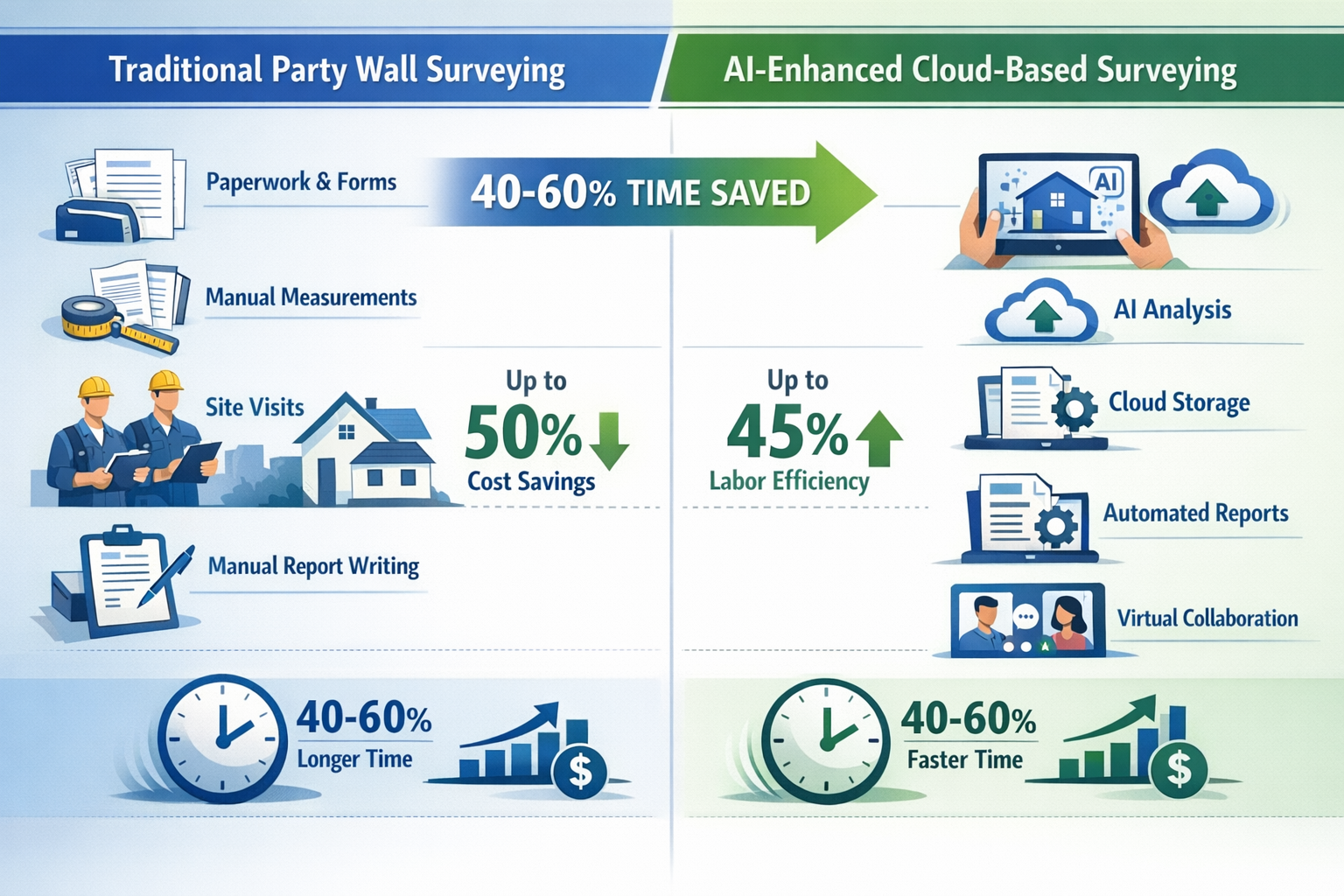 () conceptual split-screen comparison visualization showing traditional party wall surveying workflow on left versus
