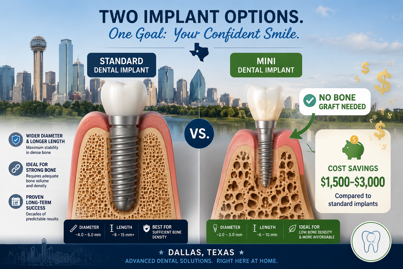 A visually detailed () graphic illustrating the core differences between a standard dental implant and a mini dental