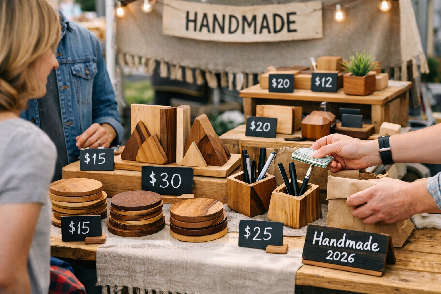 Landscape format (1536x1024) image illustrating a vibrant craft fair stall in 2026, showcasing a variety of small, high-demand woodworking p