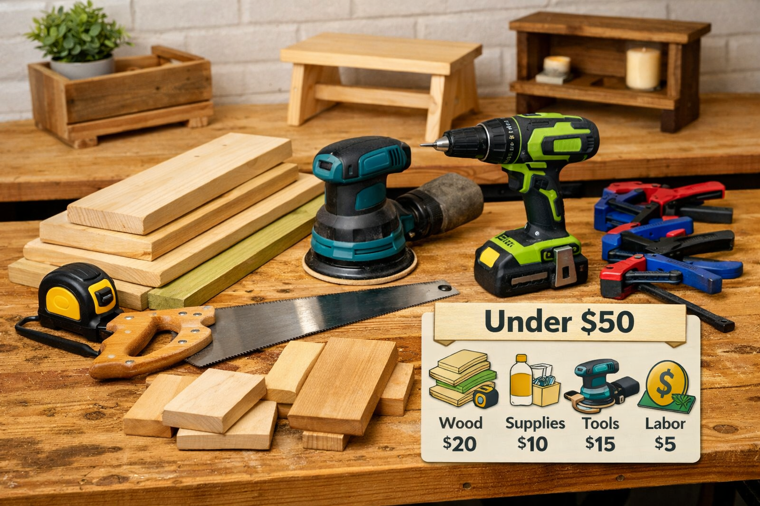 Landscape format (1536x1024) image displaying a meticulously organized workbench with essential beginner woodworking tools (hand saw, measur