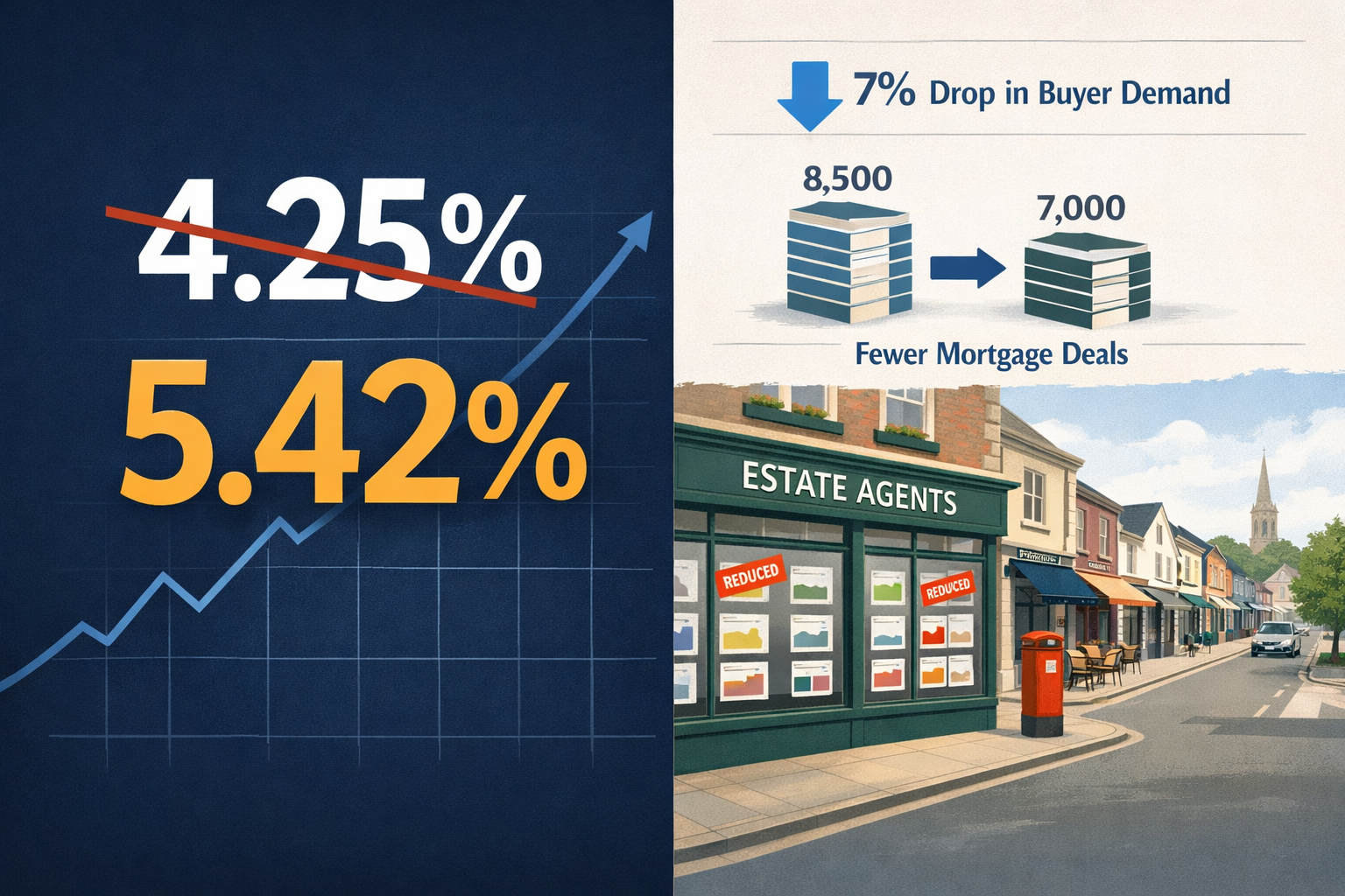 () detailed infographic-style illustration showing a split composition: left side displays a rate comparison graphic with