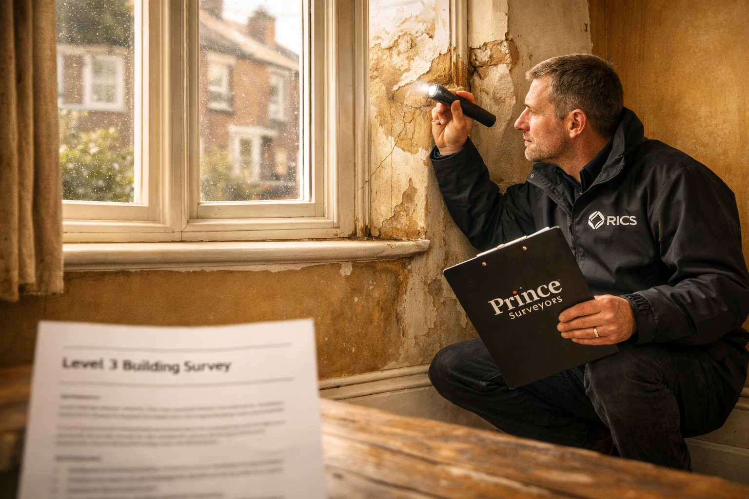 () warm professional photograph of a RICS chartered surveyor in a dark branded jacket holding a clipboard and torch,