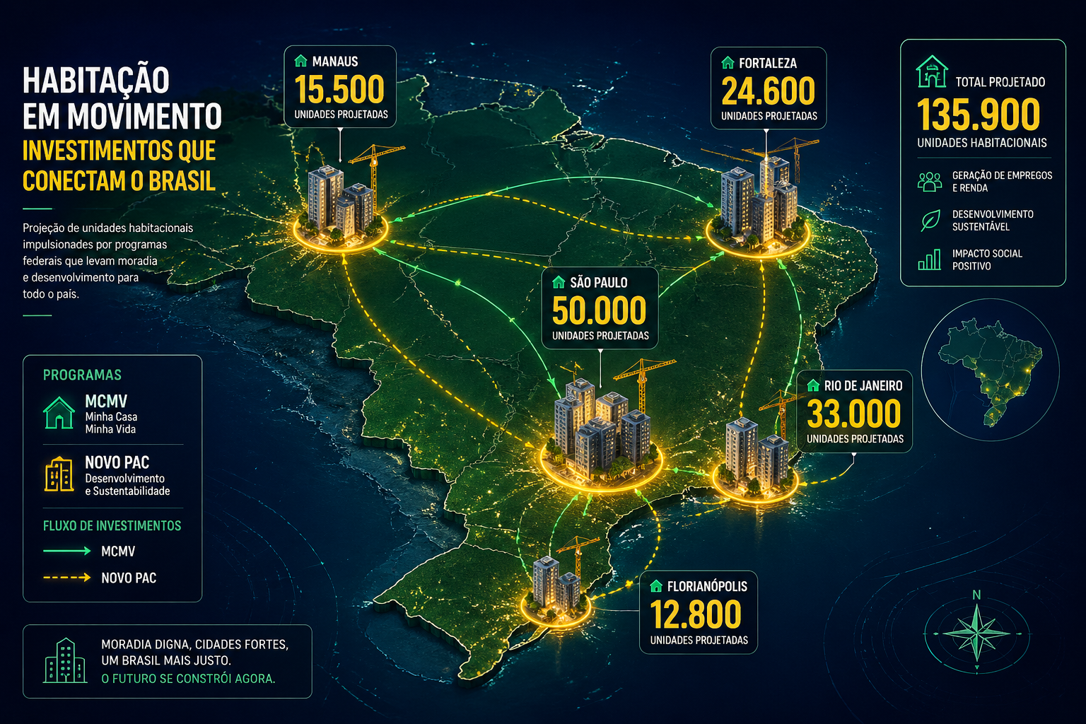Wide aerial infographic-style illustration showing a stylized map of Brazil with glowing hotspot markers over São Paulo, Rio