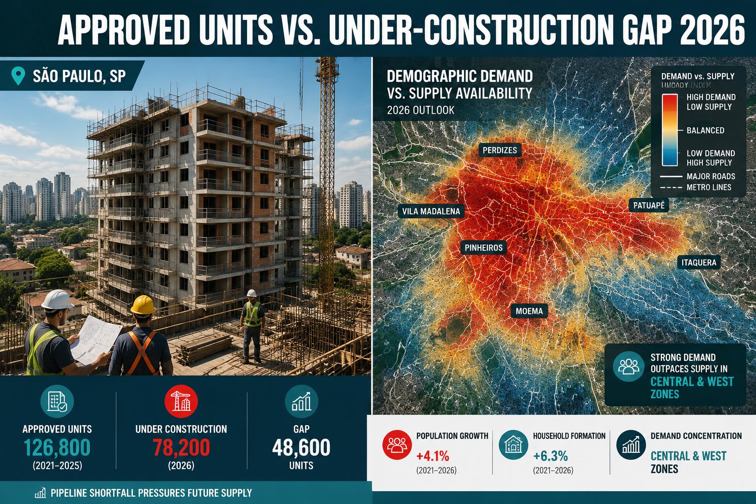 Split-panel comparison chart image in () showing two contrasting Brazilian urban scenes: left panel displays a modern