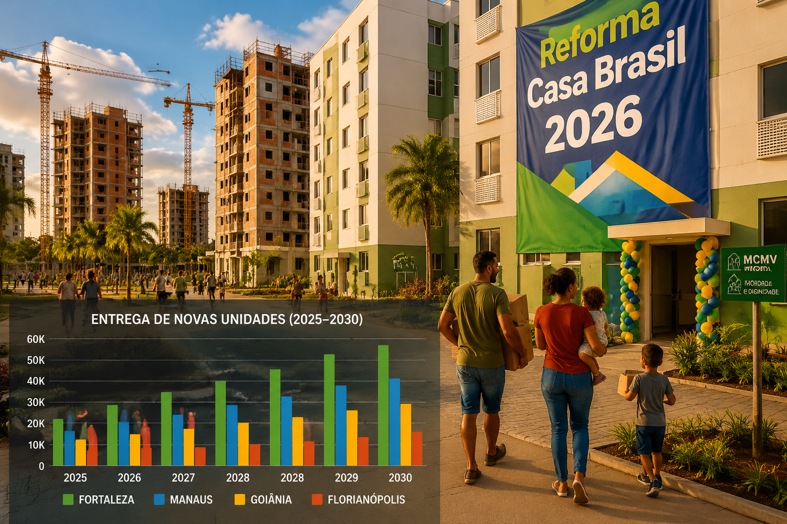 Street-level perspective photograph-style illustration of a new MCMV affordable housing complex in Fortaleza, Brazil, with