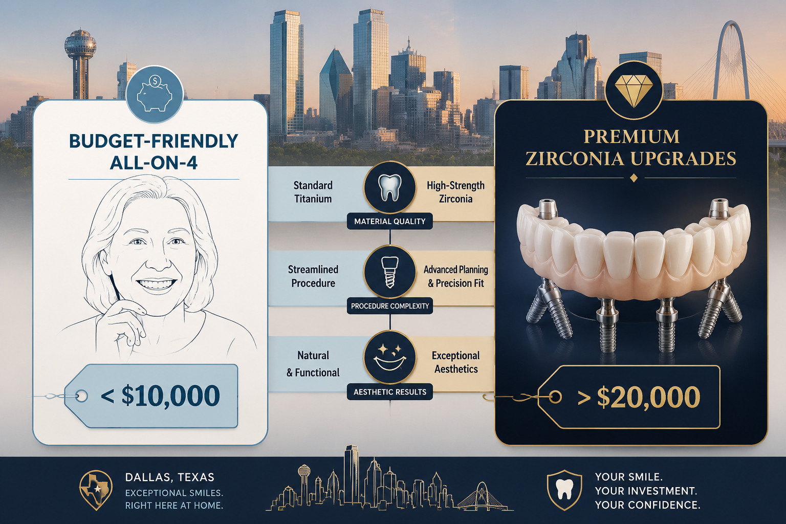 () image illustrating a comparison between two distinct All-on-4 implant packages. On the left, a simplified, with a subtle