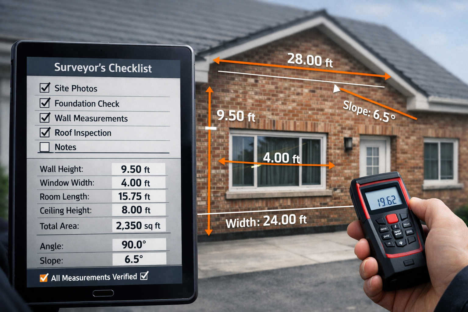 () editorial image showing detailed surveyor's checklist on tablet screen in foreground with checkboxes and measurement data