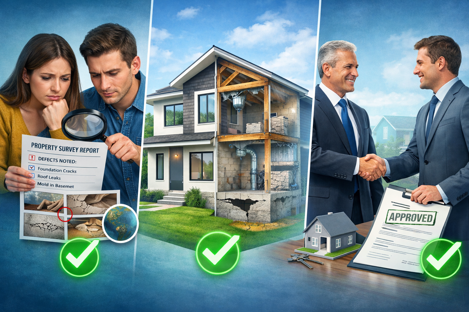 () conceptual image depicting residential property transaction scene with three distinct zones: left shows concerned