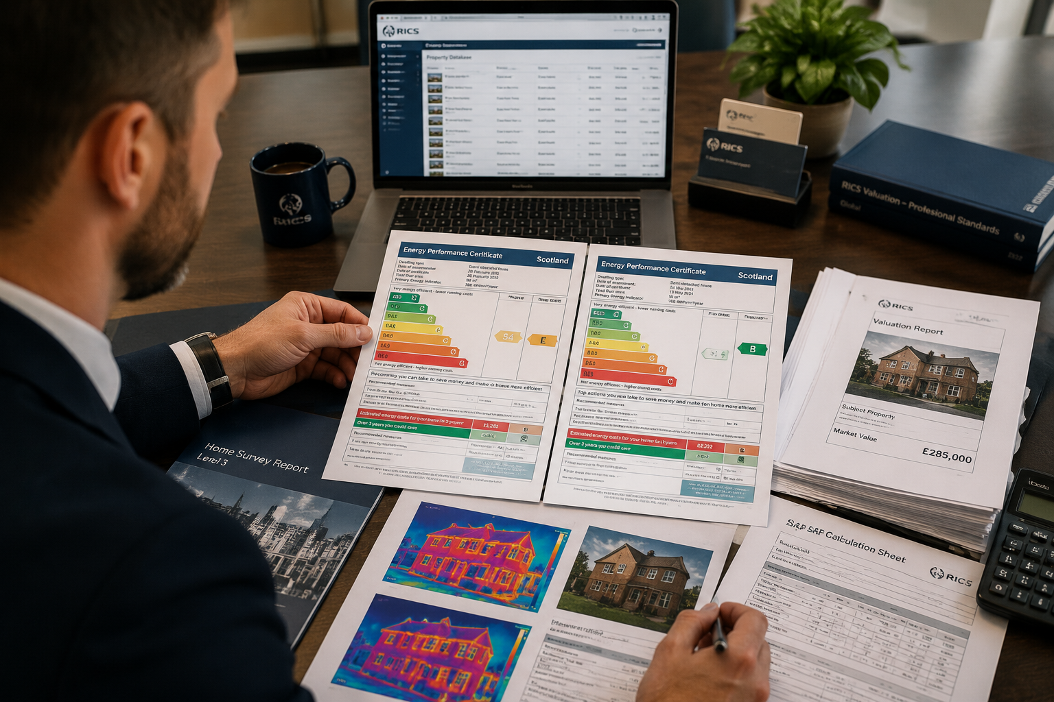 Wide-angle editorial photograph of a professional RICS-accredited surveyor at a desk reviewing two side-by-side EPC energy
