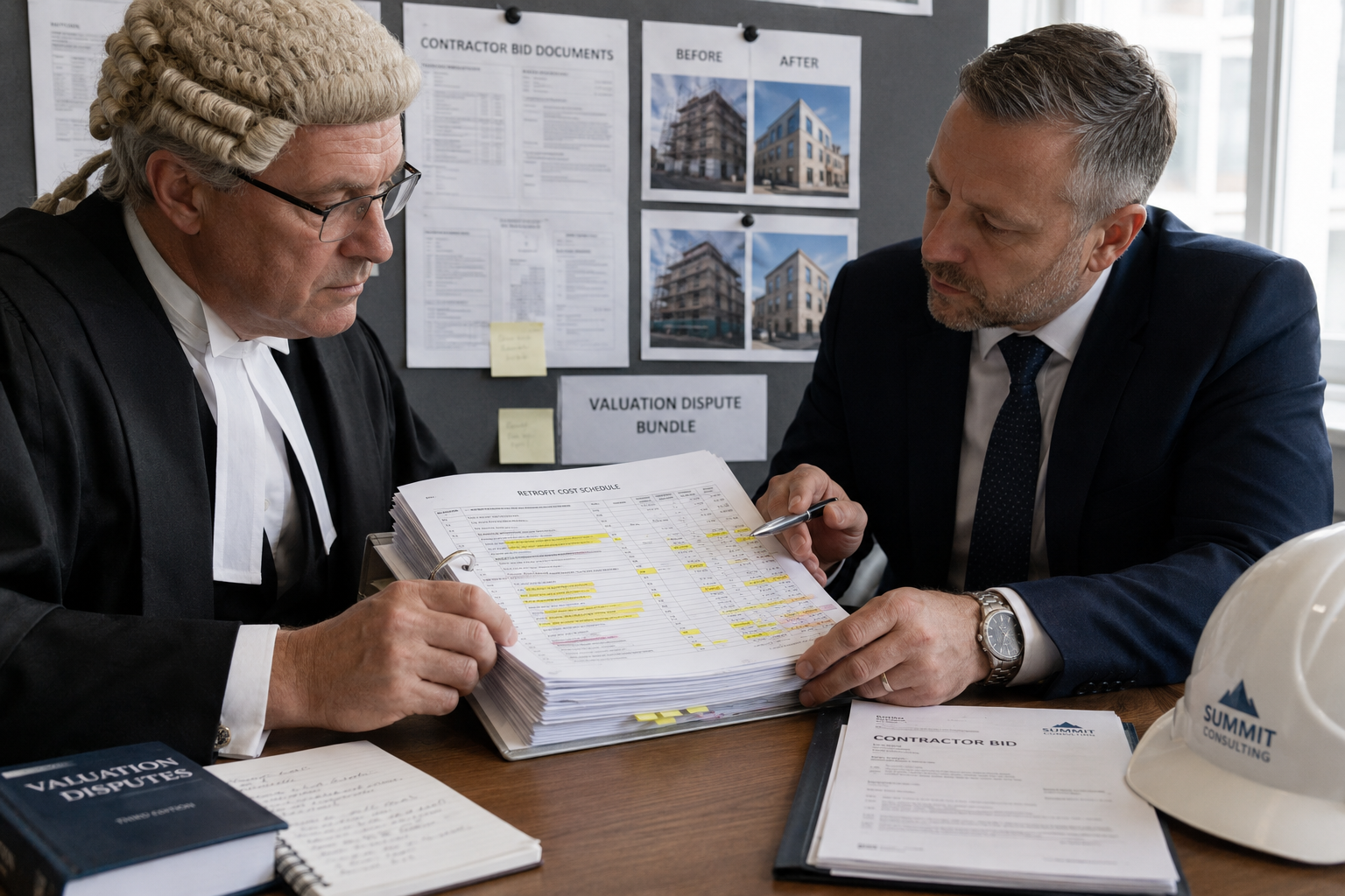 Close-up editorial photograph of a legal dispute setting: a conference table with a barrister and surveyor expert witness