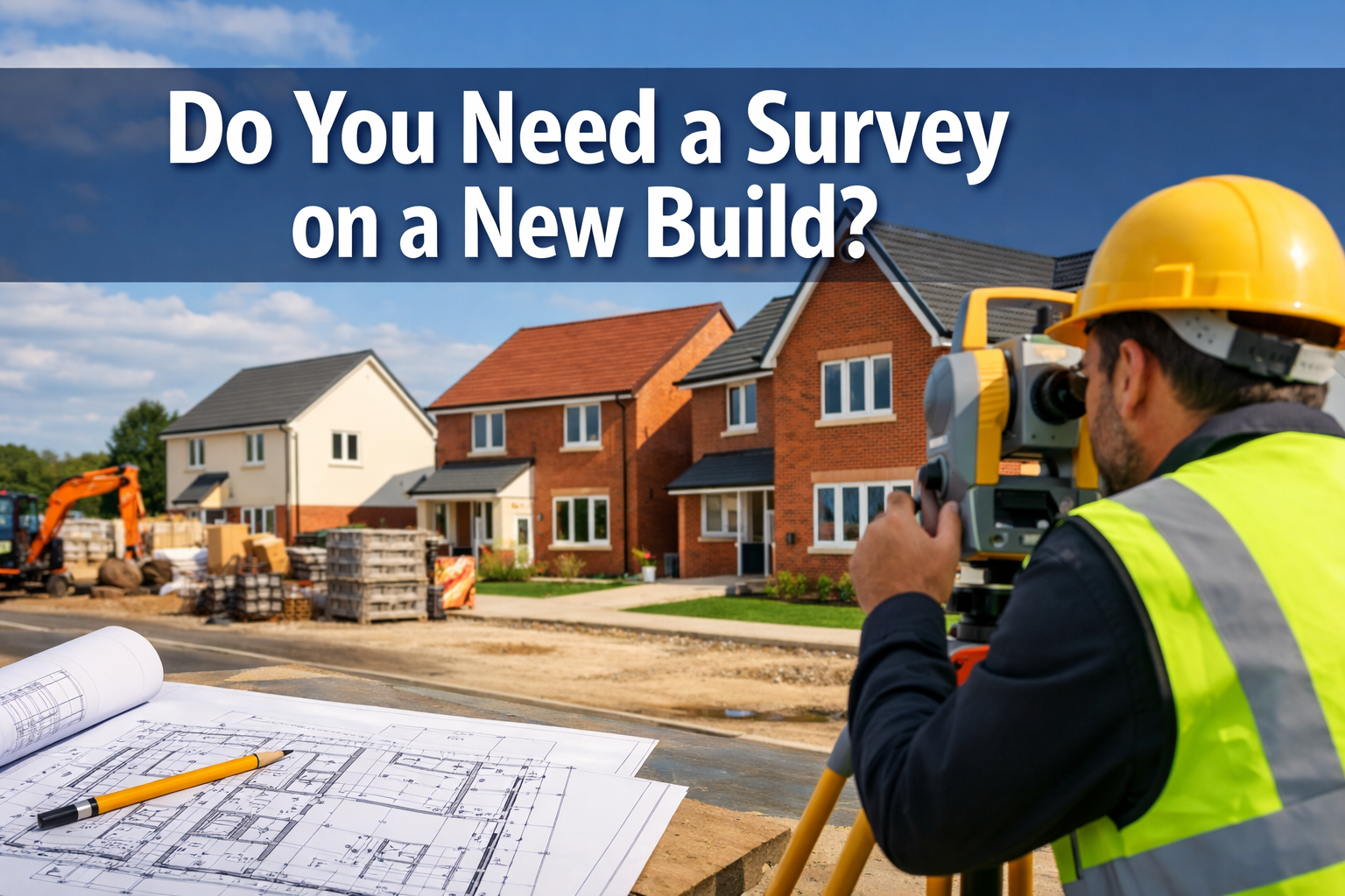 Professional landscape format (1536x1024) hero image featuring bold text overlay 'Do You Need a Survey on a New Build?' in extra large 72pt 