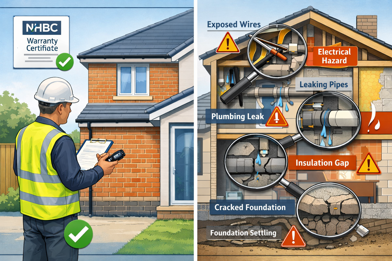 Landscape format (1536x1024) detailed illustration showing split-screen comparison of new build property inspection scenarios. Left side: pr