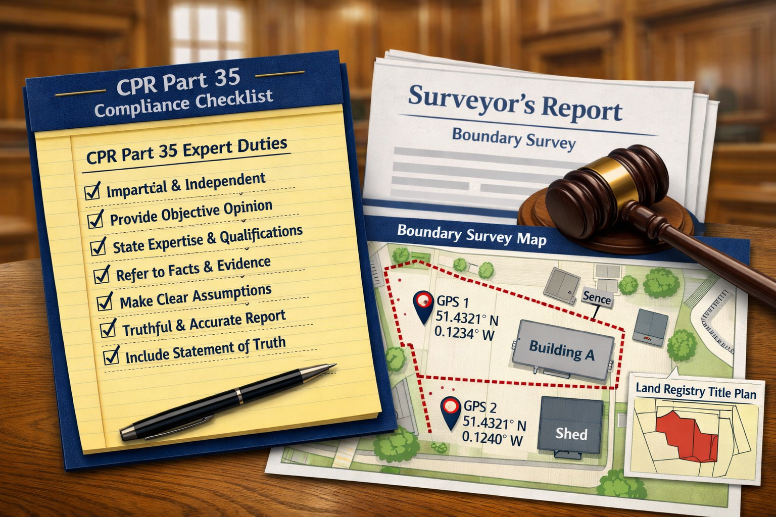 () detailed infographic-style illustration showing a CPR Part 35 compliance checklist on a legal notepad beside a gavel and