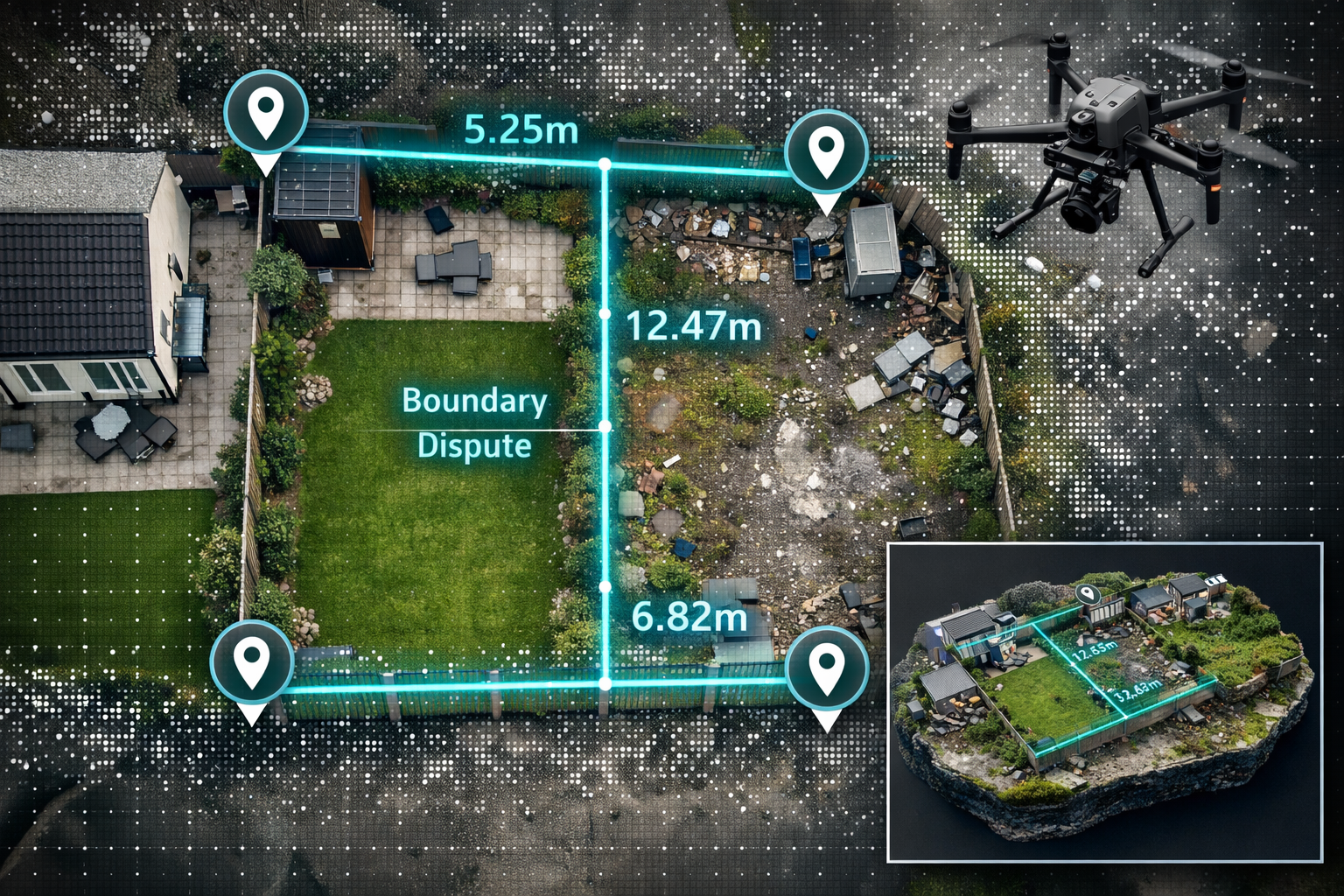 () dramatic aerial drone photography perspective looking straight down at a residential UK property boundary dispute scene.