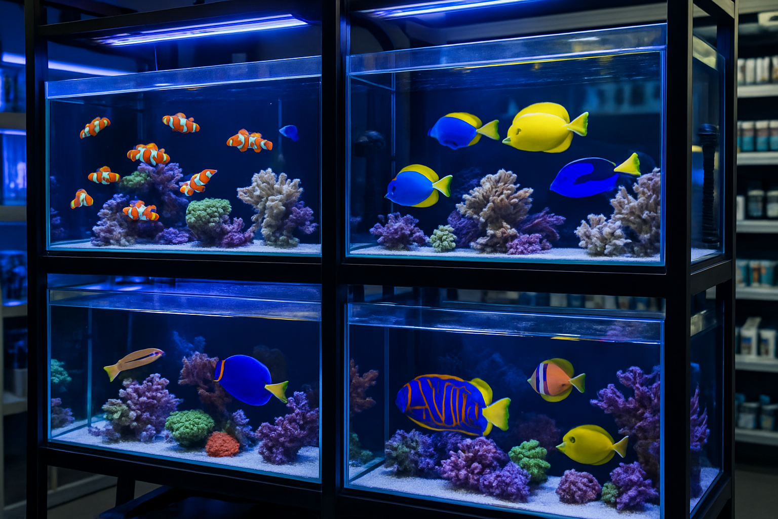 Detailed landscape image (1536x1024) showing diverse collection of saltwater marine fish in professional aquarium display tanks. Features vi