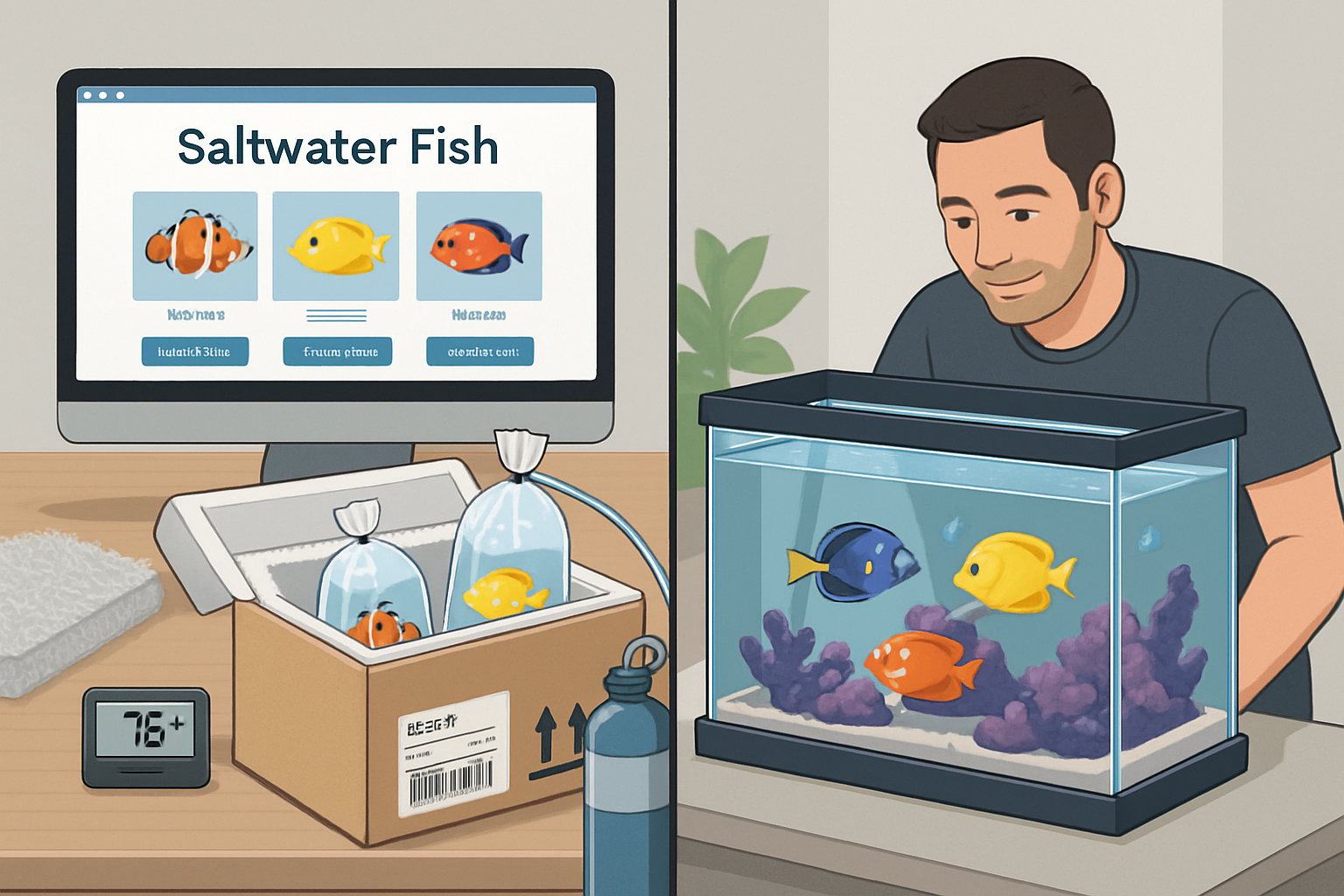 Professional landscape composition (1536x1024) illustrating secure online saltwater fish shipping process. Shows insulated shipping boxes wi