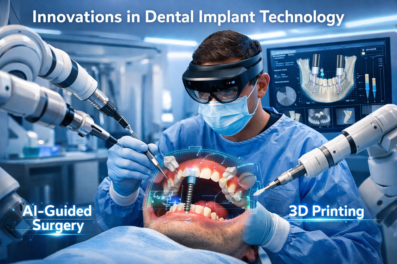 Detailed () image for the 'Innovations in Dental Implant Technology' section. It shows a futuristic operating room scene